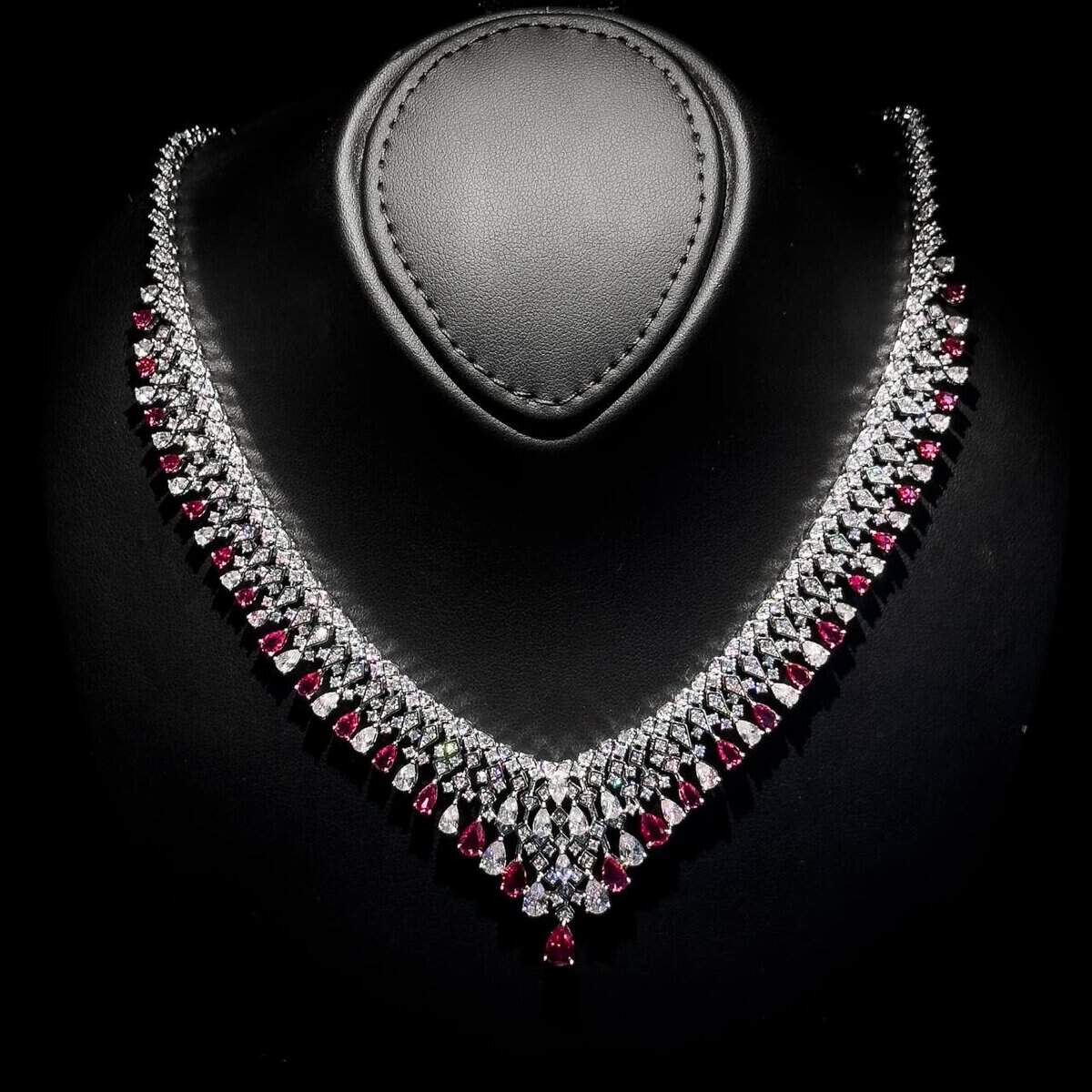 Omnia Melora Maroon and White Bridal Full Set with Pear-Cut and Baguette Zircon in Cascading Design in High-Quality Rhodium Plated - OMNIASTORES UAE