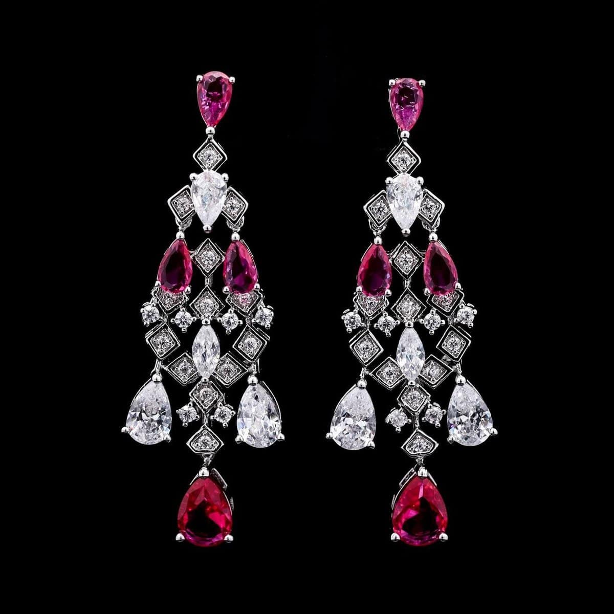 Omnia Melora Maroon and White Bridal Full Set with Pear-Cut and Baguette Zircon in Cascading Design in High-Quality Rhodium Plated - OMNIASTORES UAE