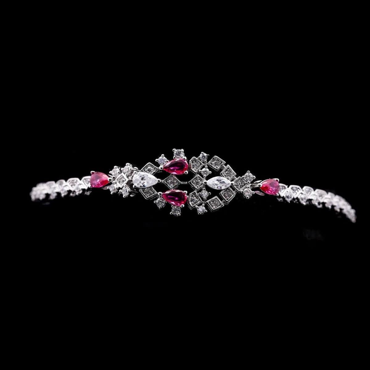 Omnia Melora Maroon and White Bridal Full Set with Pear-Cut and Baguette Zircon in Cascading Design in High-Quality Rhodium Plated - OMNIASTORES UAE