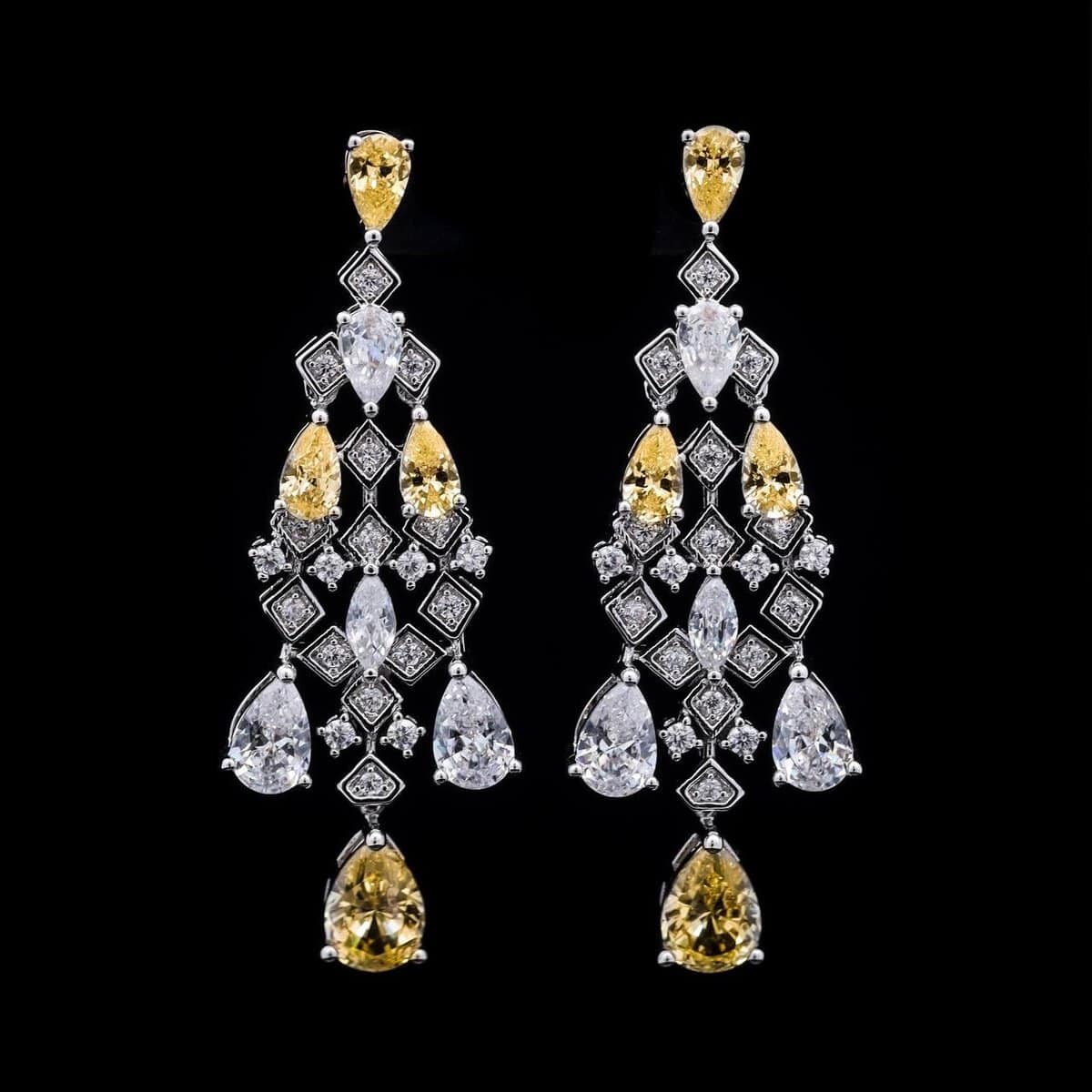 Omnia Melora Yellow and White Bridal Full Set with Pear-Cut and Baguette Zircon in Cascading Design in High-Quality Rhodium Plated - OMNIASTORES UAE