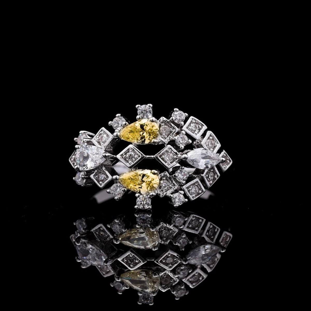 Omnia Melora Yellow and White Bridal Full Set with Pear-Cut and Baguette Zircon in Cascading Design in High-Quality Rhodium Plated - OMNIASTORES UAE