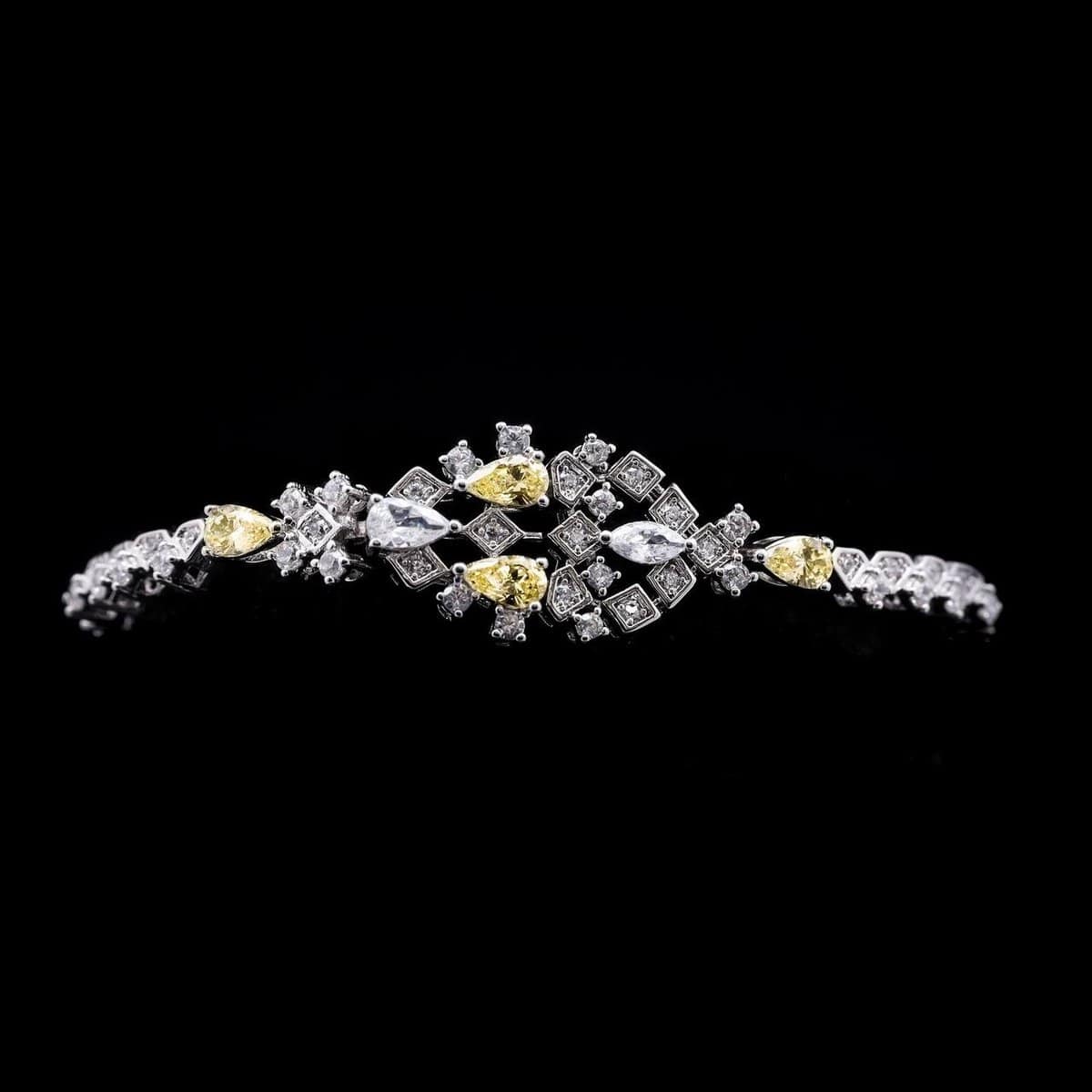 Omnia Melora Yellow and White Bridal Full Set with Pear-Cut and Baguette Zircon in Cascading Design in High-Quality Rhodium Plated - OMNIASTORES UAE