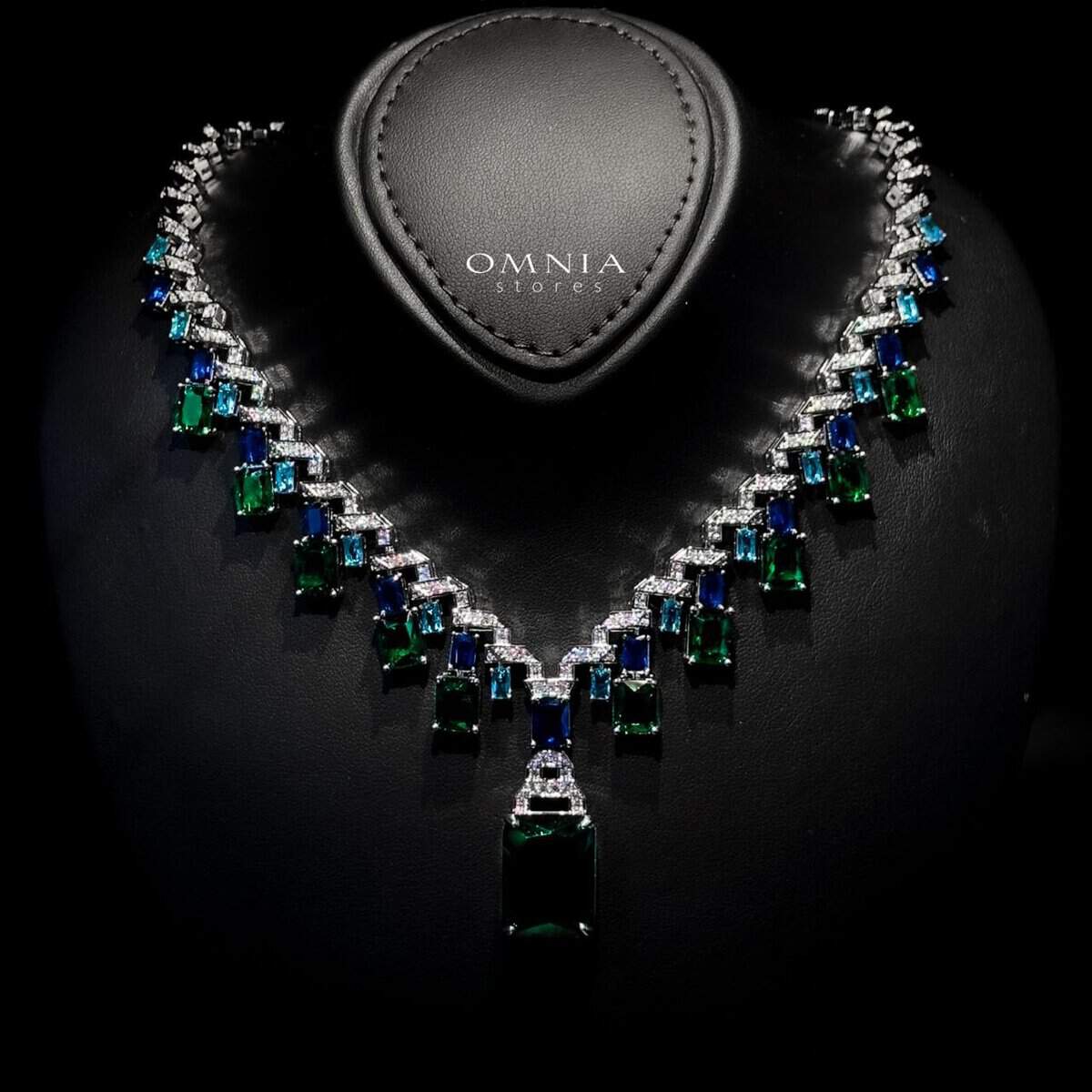 Omnia Veryna Bridal Full Set in High Quality Simulated Diamonds with Emerald and Sapphire Cut Stones, Rhodium Plated - OMNIASTORES UAE