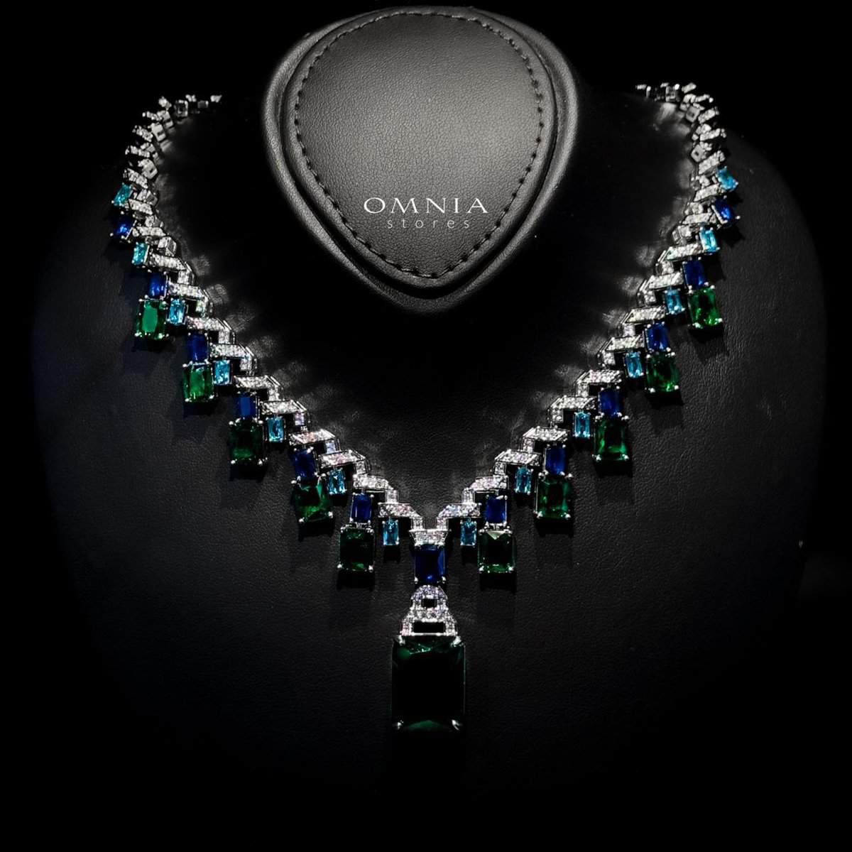 Omnia Veryna Bridal Full Set in High Quality Simulated Diamonds with Emerald and Sapphire Cut Stones, Rhodium Plated