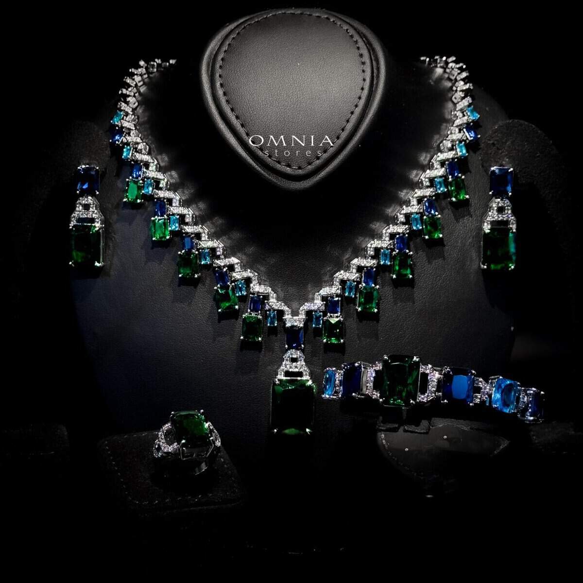 Omnia Veryna Bridal Full Set in High Quality Simulated Diamonds with Emerald and Sapphire Cut Stones, Rhodium Plated