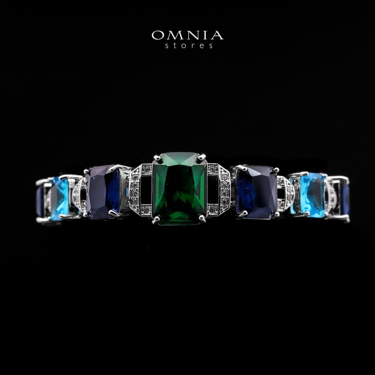 Omnia Veryna Bridal Full Set in High Quality Simulated Diamonds with Emerald and Sapphire Cut Stones, Rhodium Plated