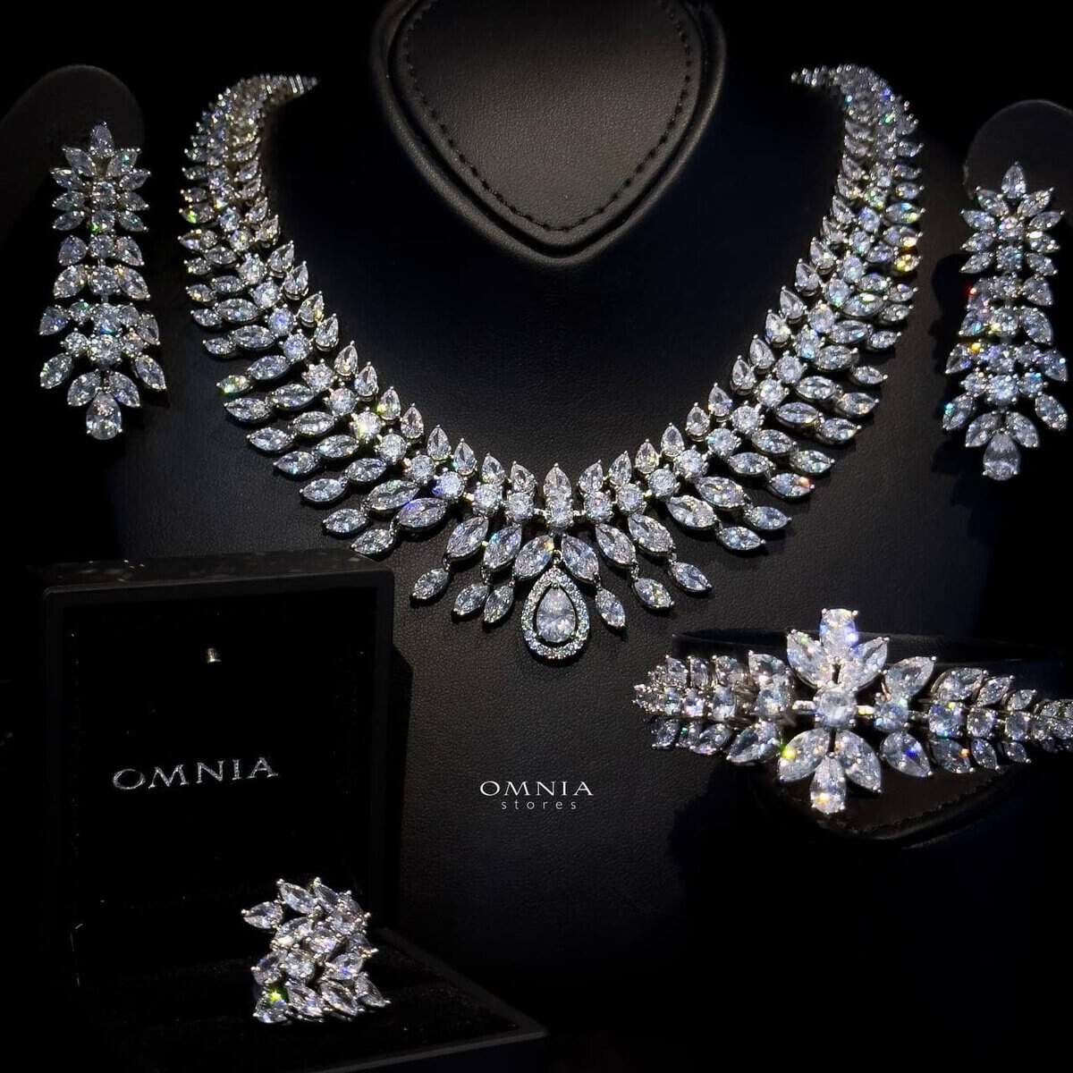 Omnia Zakiyah Bridal Full Set in High Quality Simulated Diamonds with Pear and Marquise Cut Stones, Rhodium Plated - OMNIASTORES UAE