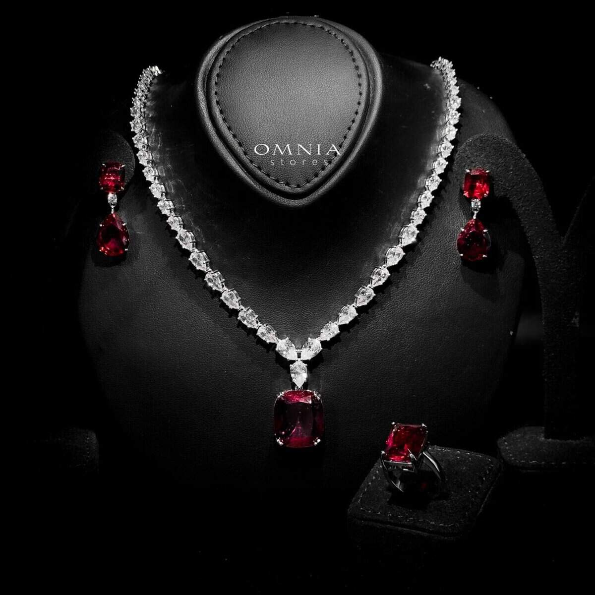 Omnia Audrey Red Bridal Full Set in High Quality Simulated Diamonds with Cushion Cut Stones, Rhodium Plated - OMNIASTORES UAE