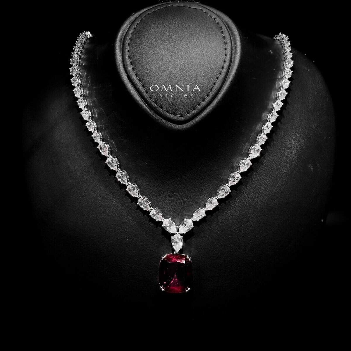 Omnia Audrey Red Bridal Full Set in High Quality Simulated Diamonds with Cushion Cut Stones, Rhodium Plated - OMNIASTORES UAE