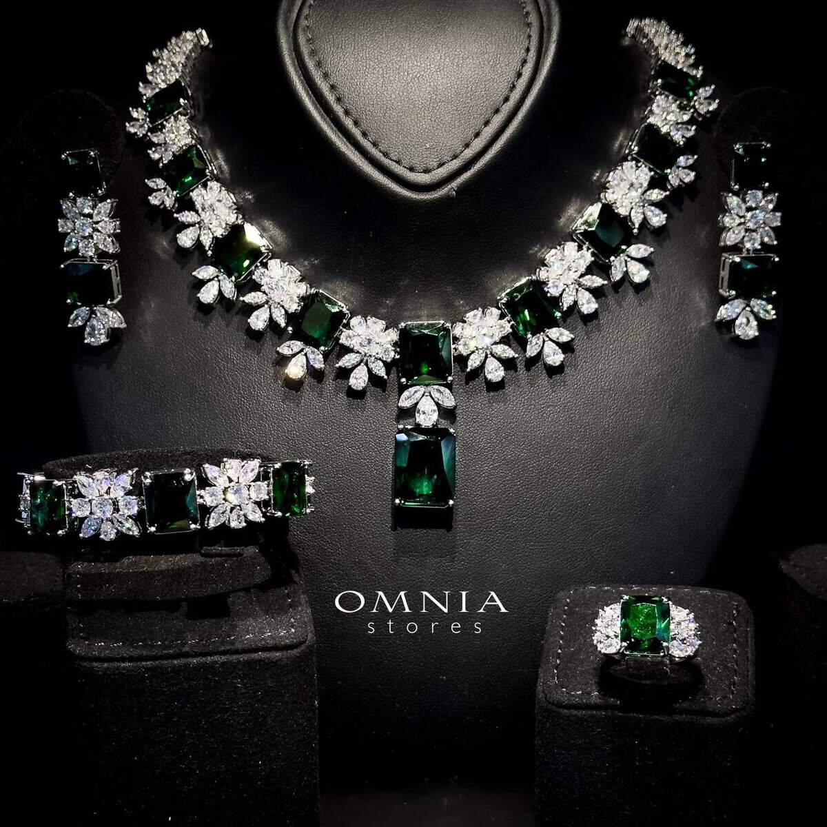 Omnia Charlene Green Bridal Full Set in High Quality Simulated Diamonds with Emerald and Marquise Cut Stones, Rhodium Plated - OMNIASTORES UAE