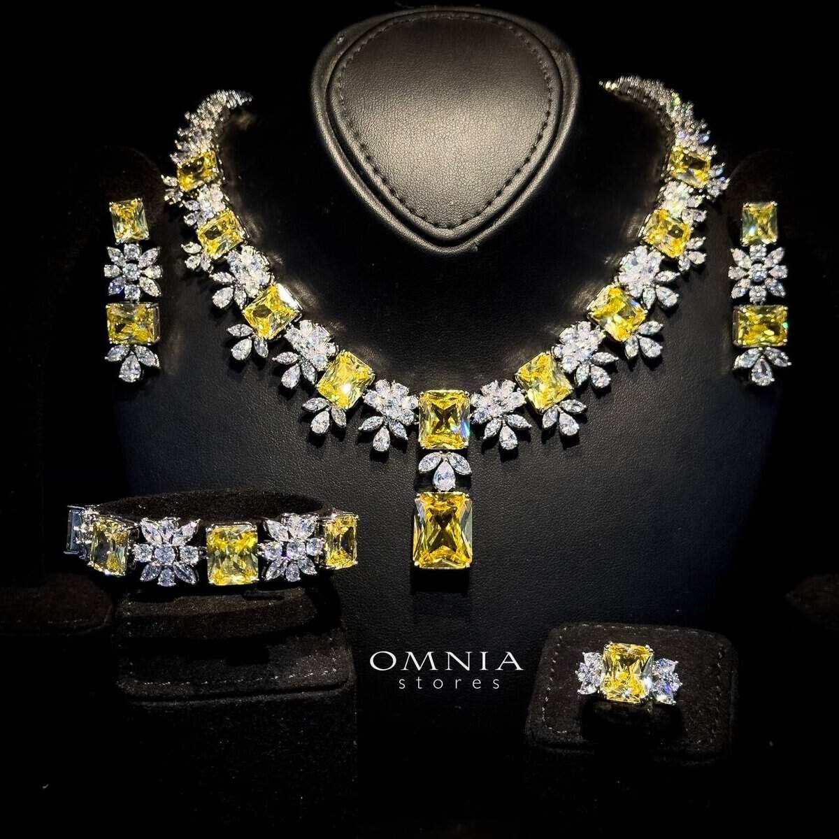 Omnia Charlene Yellow Bridal Full Set in High Quality Simulated Diamonds with Emerald and Marquise Cut Stones, Rhodium Plated - OMNIASTORES UAE