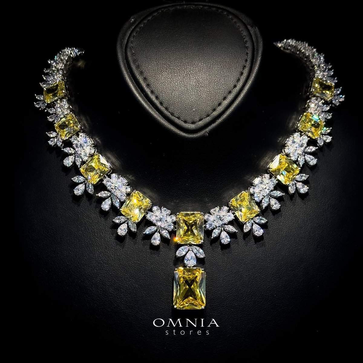 Omnia Charlene Yellow Bridal Full Set in High Quality Simulated Diamonds with Emerald and Marquise Cut Stones, Rhodium Plated - OMNIASTORES UAE