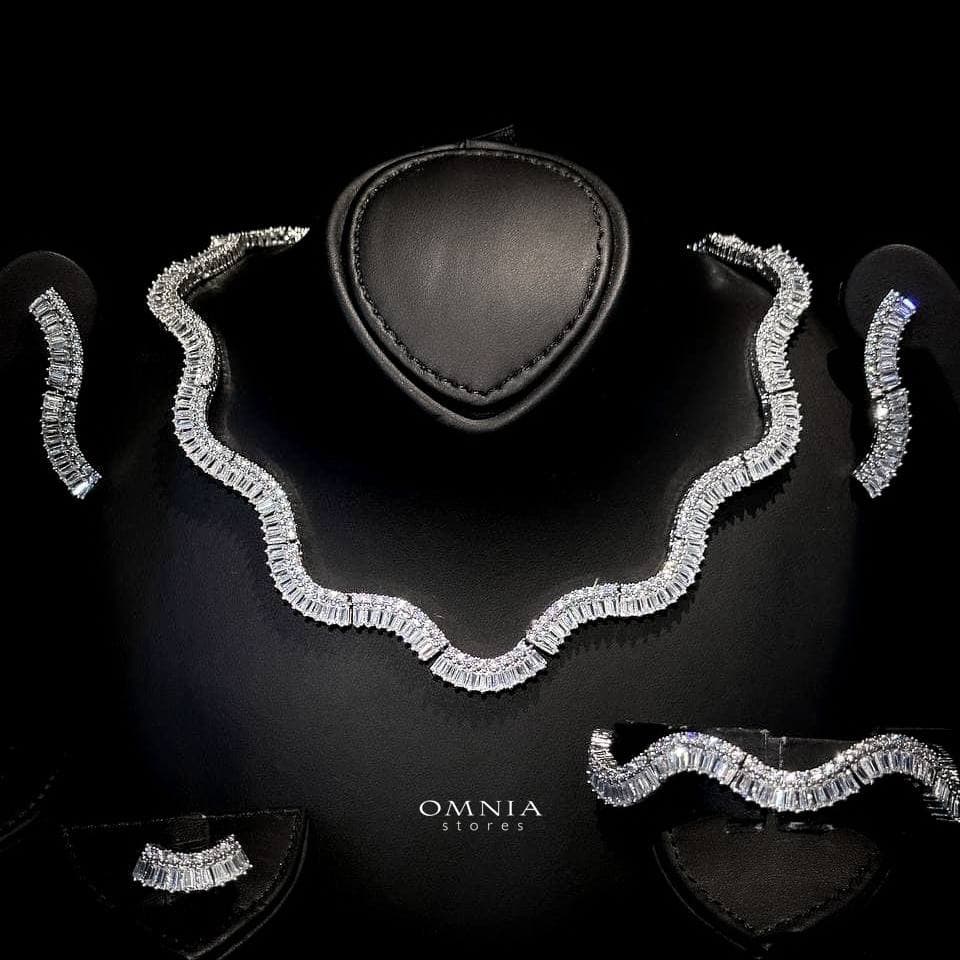Omnia Tiffany White Bridal Full Set with Wavy Baguette-Cut High Quality Zircon Stones in Rhodium Plated - OMNIASTORES UAE