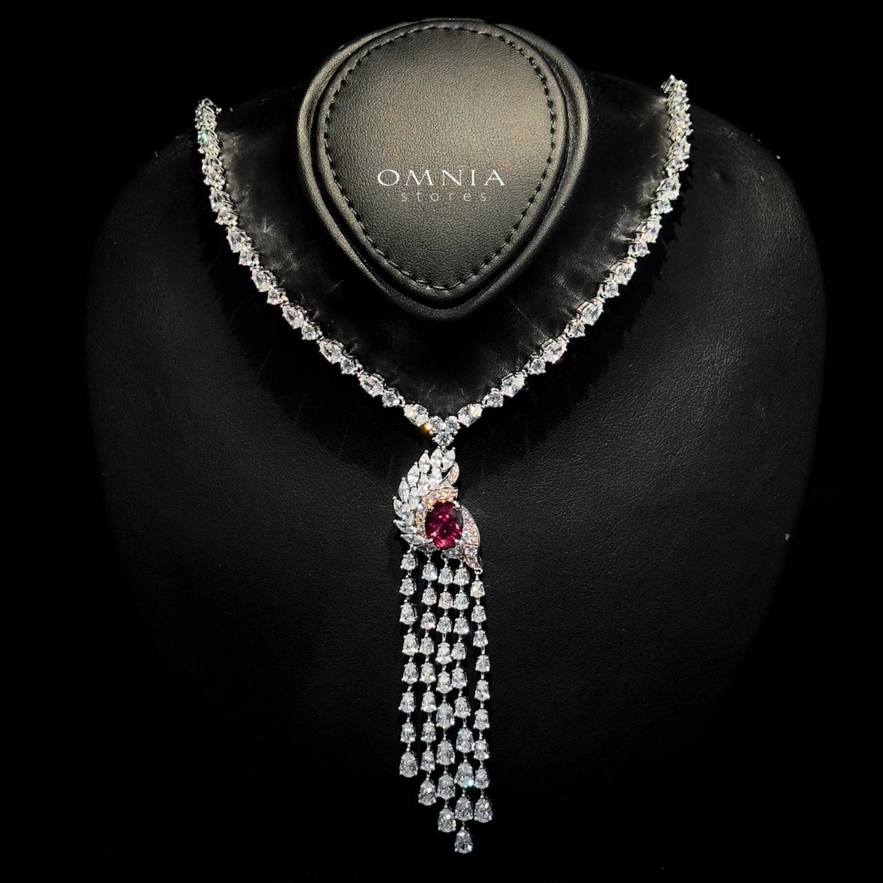 Omnia Bariza Maroon Necklace & Ring Set in 925 Silver with Oval and Marquise-Cut High-Quality Simulated Diamonds - OMNIASTORES UAE