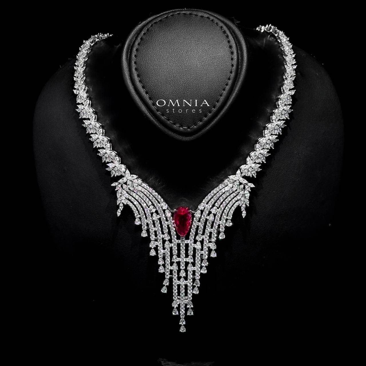 Omnia Abir Maroon Bridal Necklace & Earrings Set in 925 Silver with Pear and Marquise-Cut High-Quality Simulated Diamonds - OMNIASTORES UAE