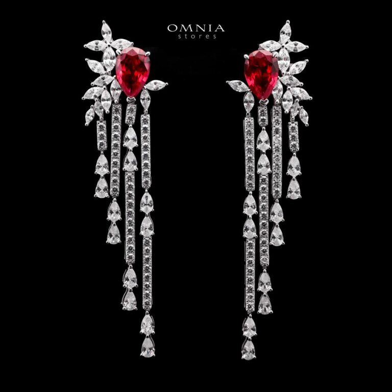Abir Red Drop Earrings with Premium Simulated Diamonds in 925 Sterling Silver