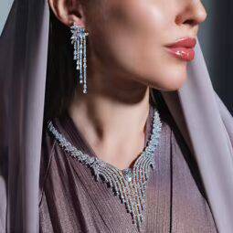 Omnia Abir White Bridal Necklace & Earrings Set in 925 Silver with Pear and Marquise-Cut High-Quality Simulated Diamonds - OMNIASTORES UAE