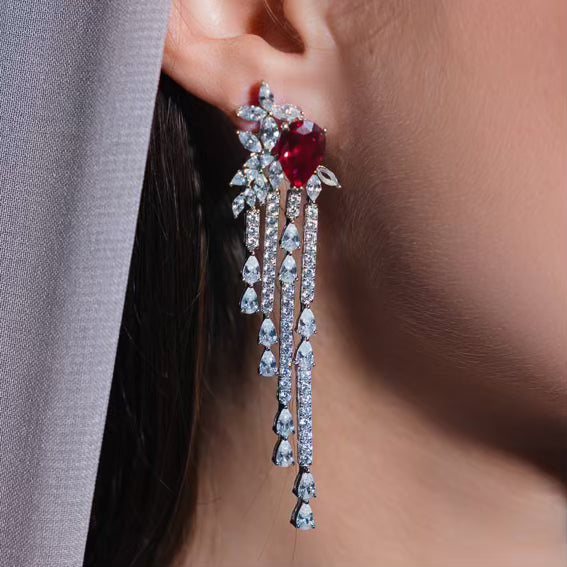 Omnia Abir Maroon Bridal Necklace & Earrings Set in 925 Silver with Pear and Marquise-Cut High-Quality Simulated Diamonds - OMNIASTORES UAE