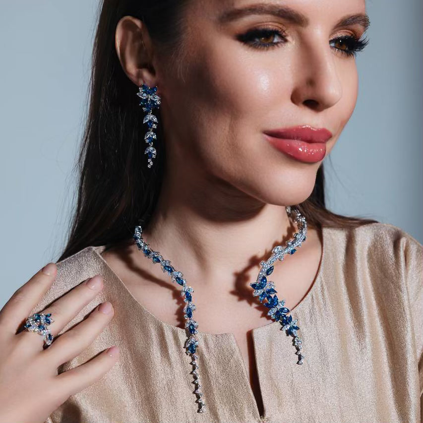 Omnia Abla Blue Bridal Set in 925 Silver with Marquise and Pear-Cut High-Quality Simulated Diamonds - OMNIASTORES UAE