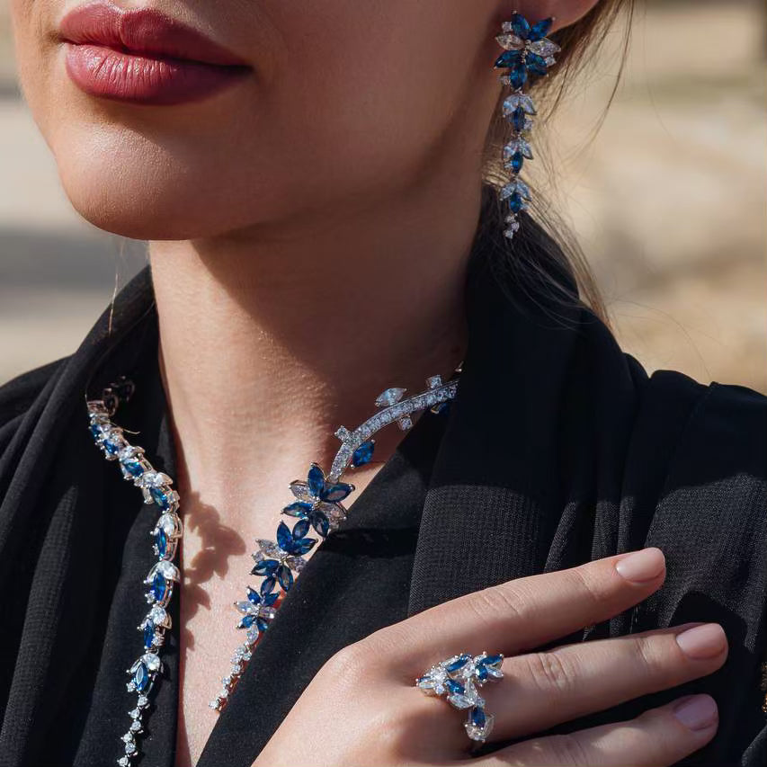 Omnia Abla Blue Bridal Set in 925 Silver with Marquise and Pear-Cut High-Quality Simulated Diamonds - OMNIASTORES UAE