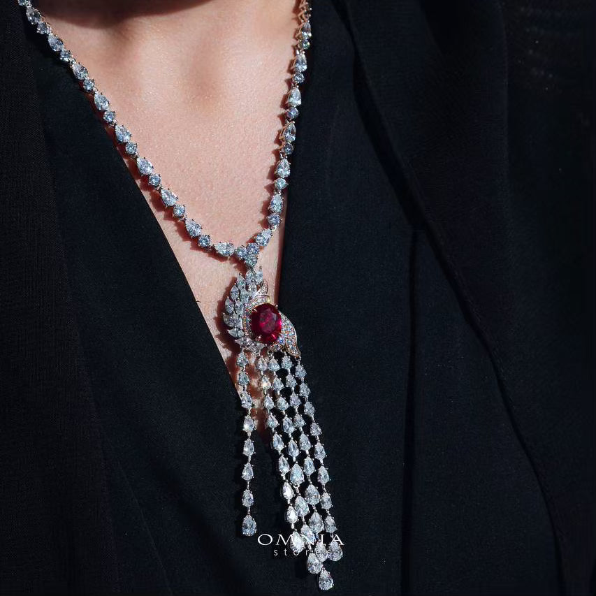 Omnia Bariza Maroon Necklace & Ring Set in 925 Silver with Oval and Marquise-Cut High-Quality Simulated Diamonds - OMNIASTORES UAE