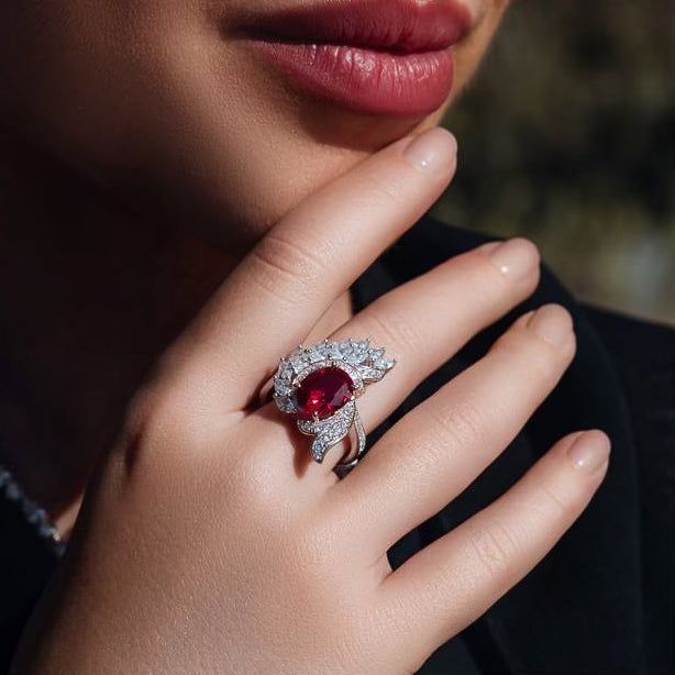 Omnia Bariza Maroon Necklace & Ring Set in 925 Silver with Oval and Marquise-Cut High-Quality Simulated Diamonds - OMNIASTORES UAE