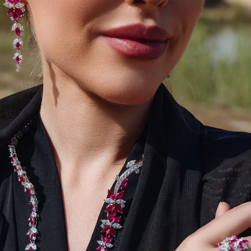 Omnia Abla Maroon Bridal Set in 925 Silver with Marquise and Pear-Cut High-Quality Simulated Diamonds - OMNIASTORES UAE