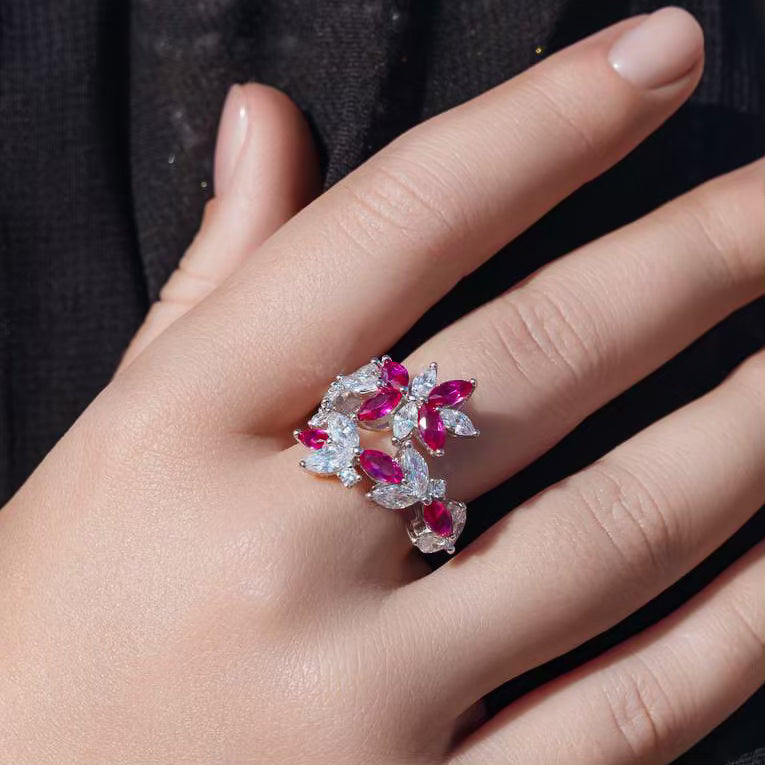 Omnia Abla Maroon Bridal Set in 925 Silver with Marquise and Pear-Cut High-Quality Simulated Diamonds - OMNIASTORES UAE