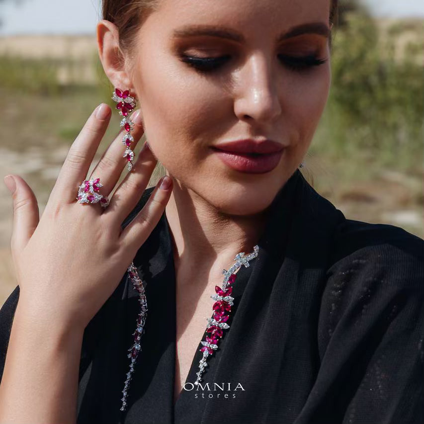 Omnia Abla Maroon Bridal Set in 925 Silver with Marquise and Pear-Cut High-Quality Simulated Diamonds - OMNIASTORES UAE