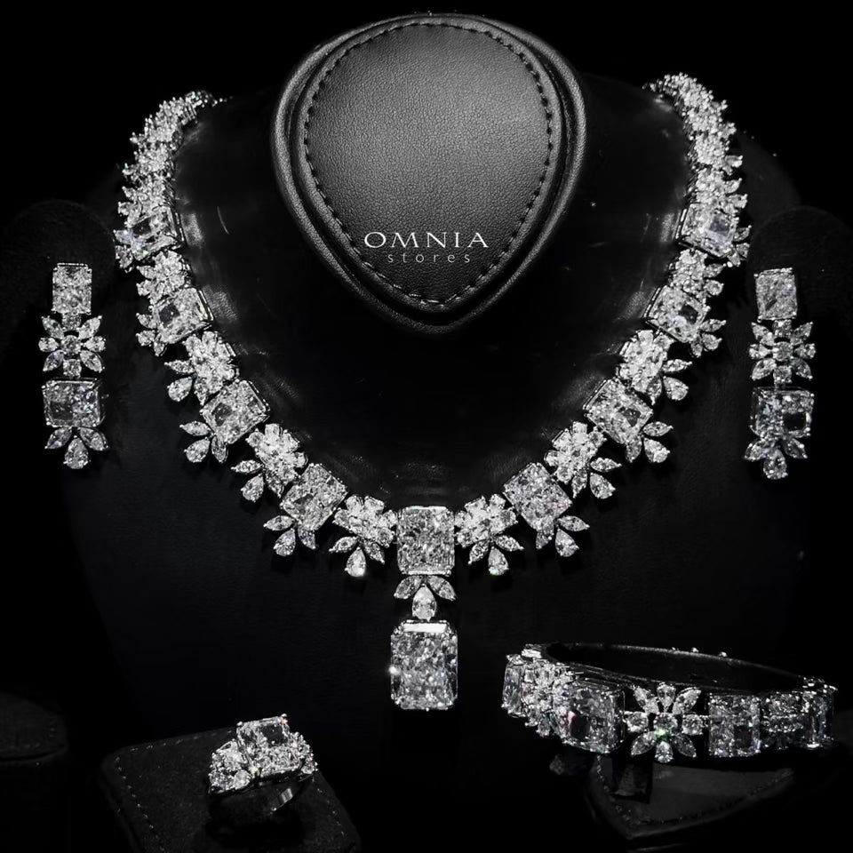 Omnia Charlene White Bridal Full Set with Radiant and Pear-Cut High-Quality Iced Cut Stones Rhodium Plated - OMNIASTORES UAE