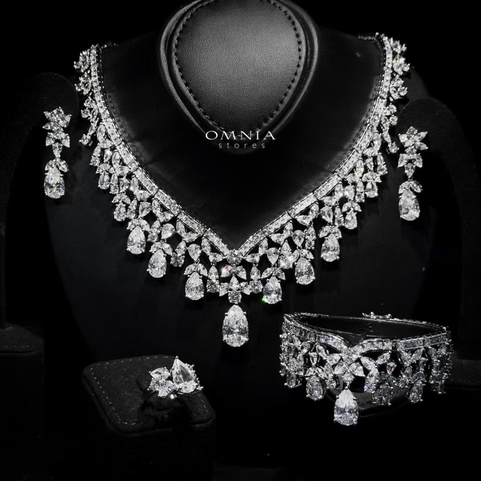 Omnia Princess Bridal Full Set with Pear-Cut White High-Quality Simulated Diamonds Rhodium Plated - OMNIASTORES UAE