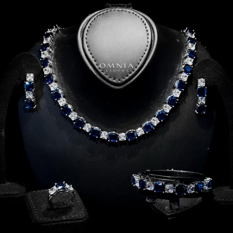 Omnia Alya Dark Blue Bridal Full Set with High-Quality Simulated Diamonds Rhodium Plated - OMNIASTORES UAE