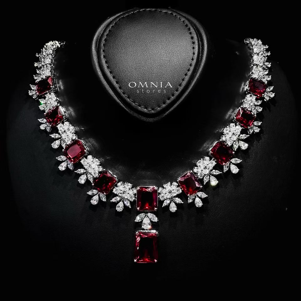 Omnia Charlene Red Bridal Full Set with Radiant and Pear-Cut High-Quality Simulated Diamonds Rhodium Plated - OMNIASTORES UAE