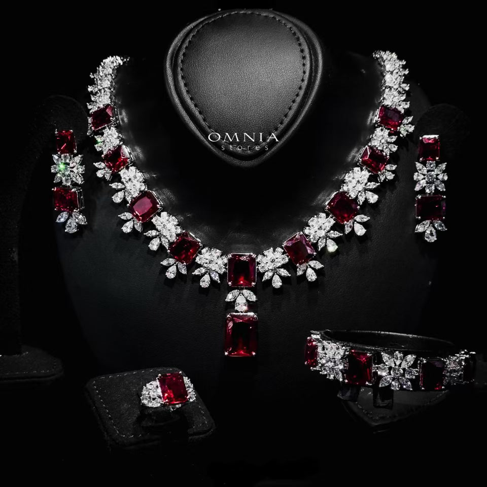 Omnia Charlene Red Bridal Full Set with Radiant and Pear-Cut High-Quality Simulated Diamonds Rhodium Plated - OMNIASTORES UAE