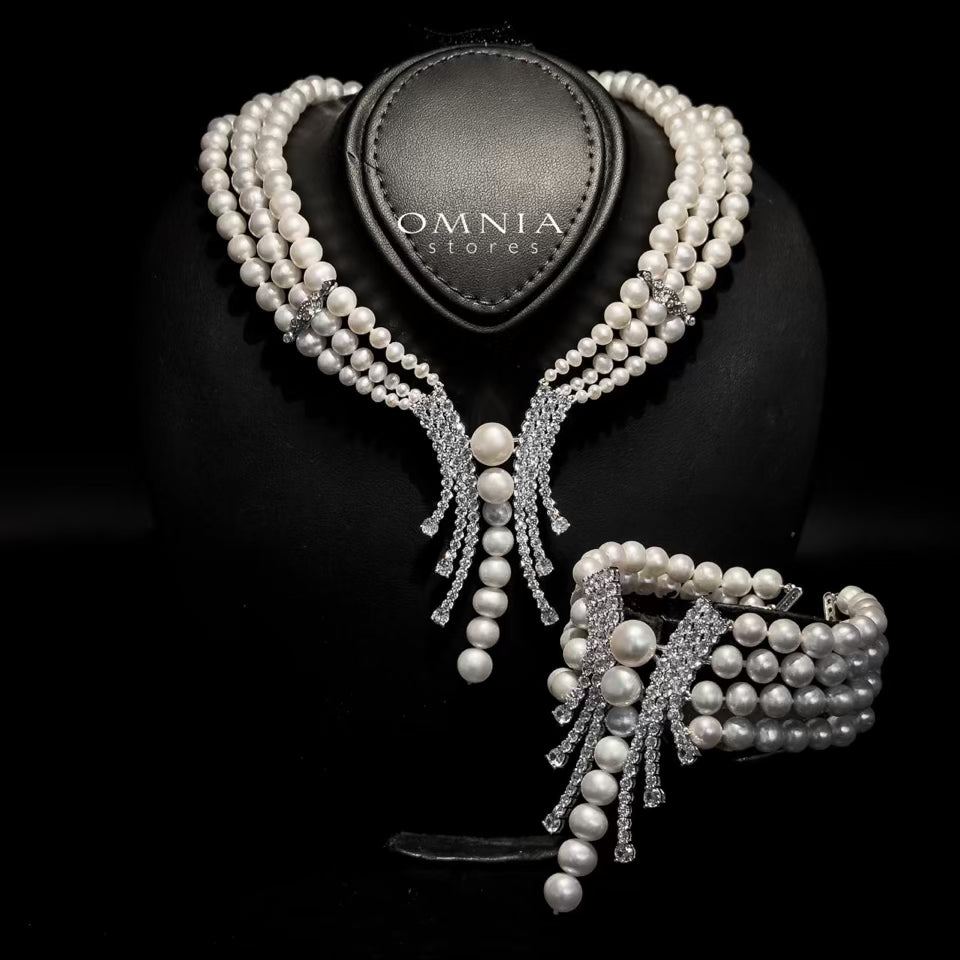 Omnia Asalah White Fresh Water Pearl Necklace & Bracelet with High Quality Simulated Diamonds