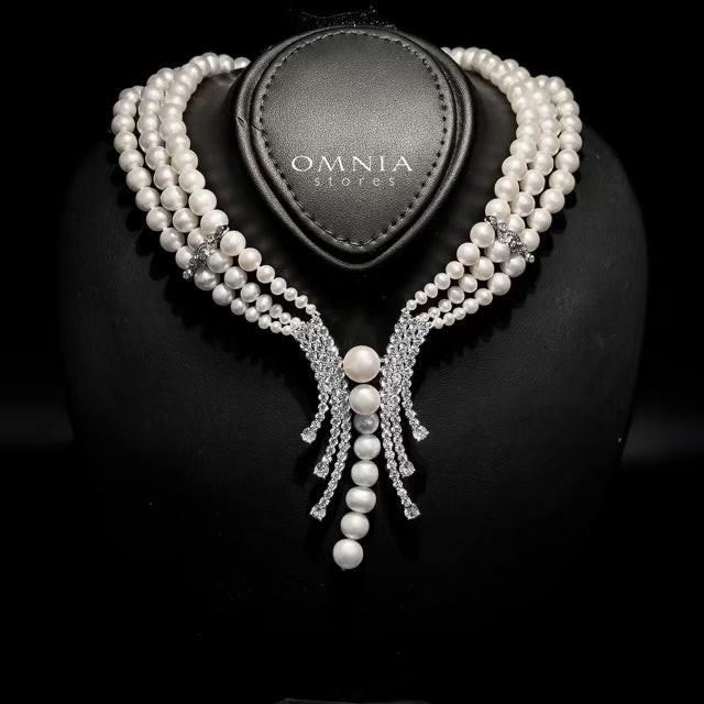 Omnia Asalah White Fresh Water Pearl Necklace & Bracelet with High Quality Simulated Diamonds