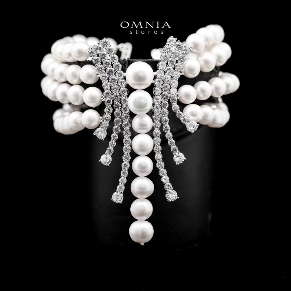 Omnia Asalah White Fresh Water Pearl Necklace & Bracelet with High Quality Simulated Diamonds