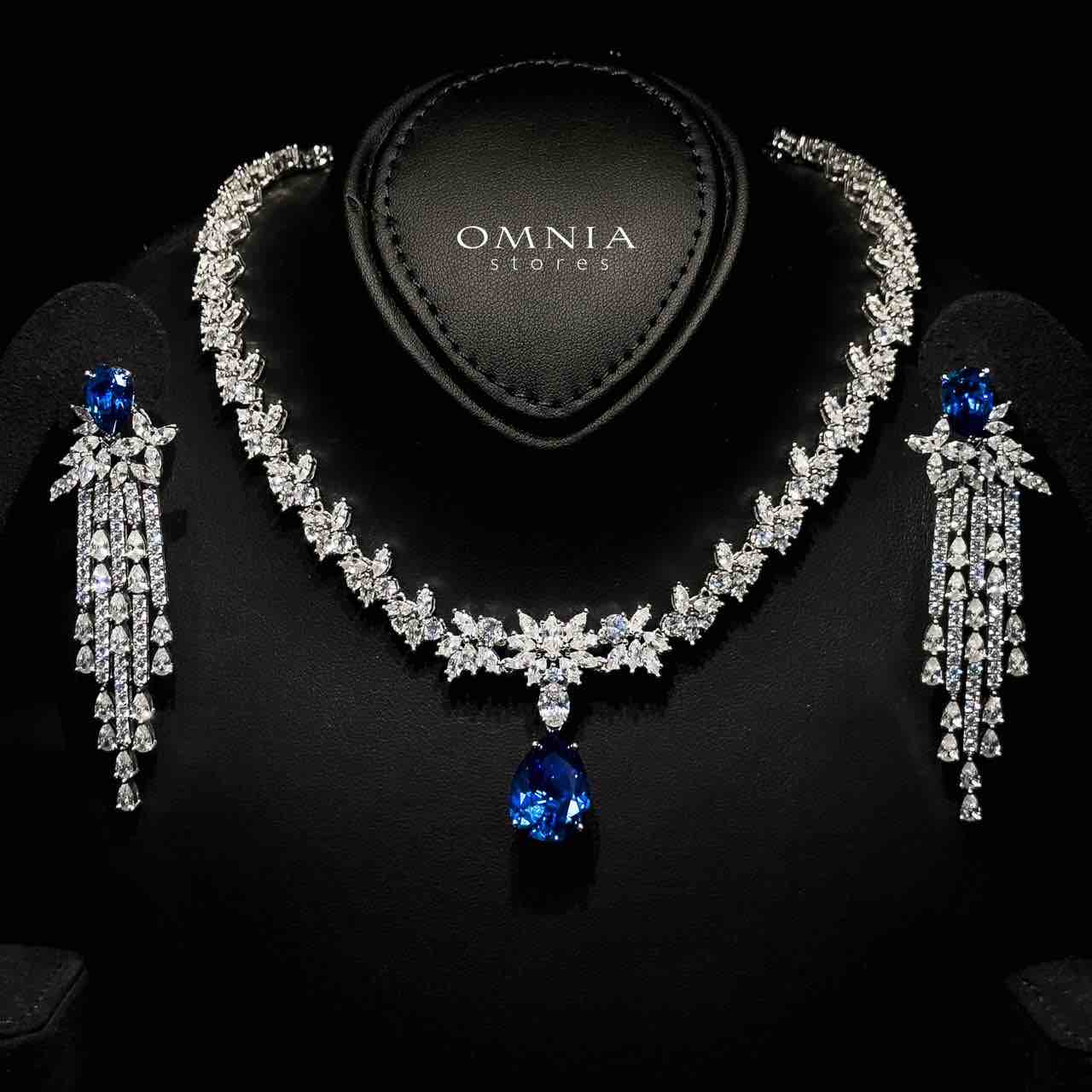 Omnia Vanya Blue Necklace & Earrings Set in 925 Silver with Pear-Cut High-Quality Simulated Diamonds