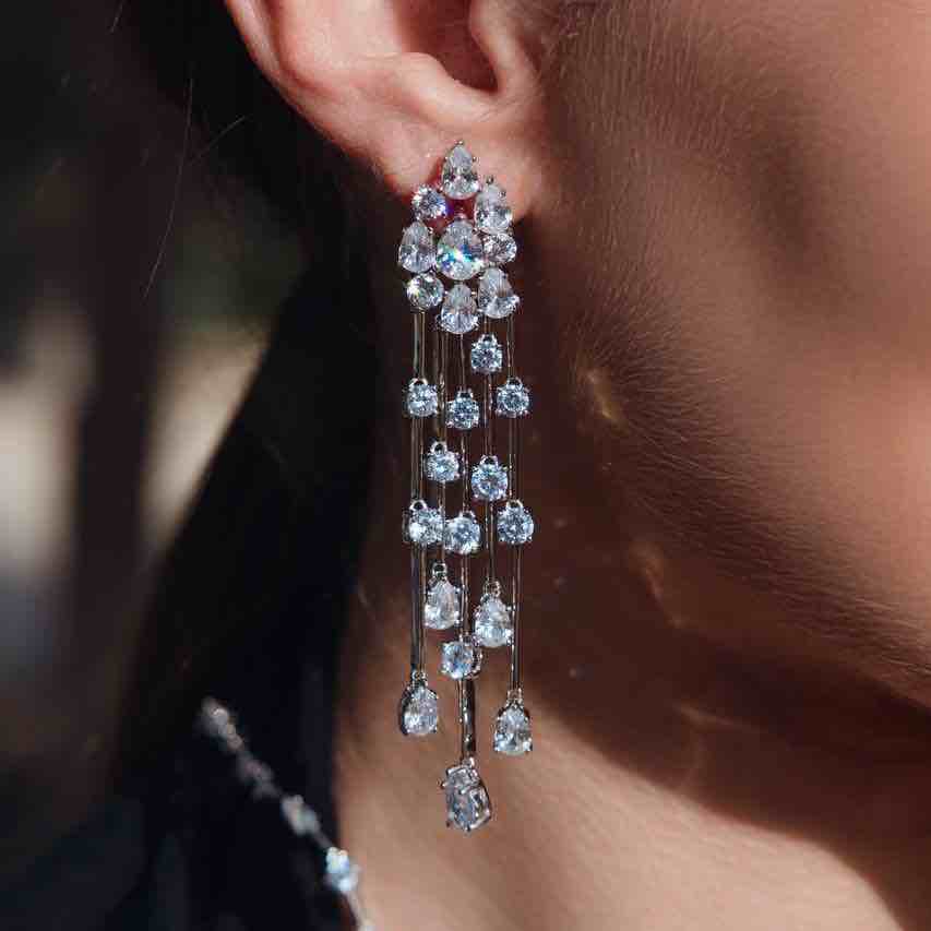 Omnia Adhara White Necklace and Earrings Set In 92.5 Silver High Quality Simulated Diamonds