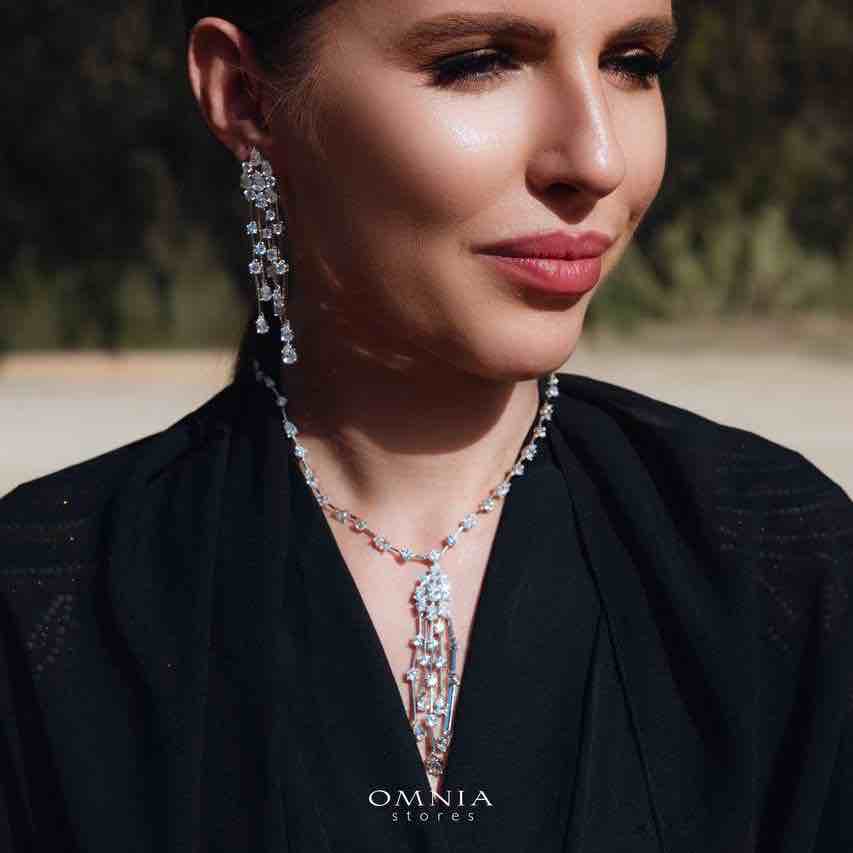 Omnia Adhara White Necklace and Earrings Set In 92.5 Silver High Quality Simulated Diamonds