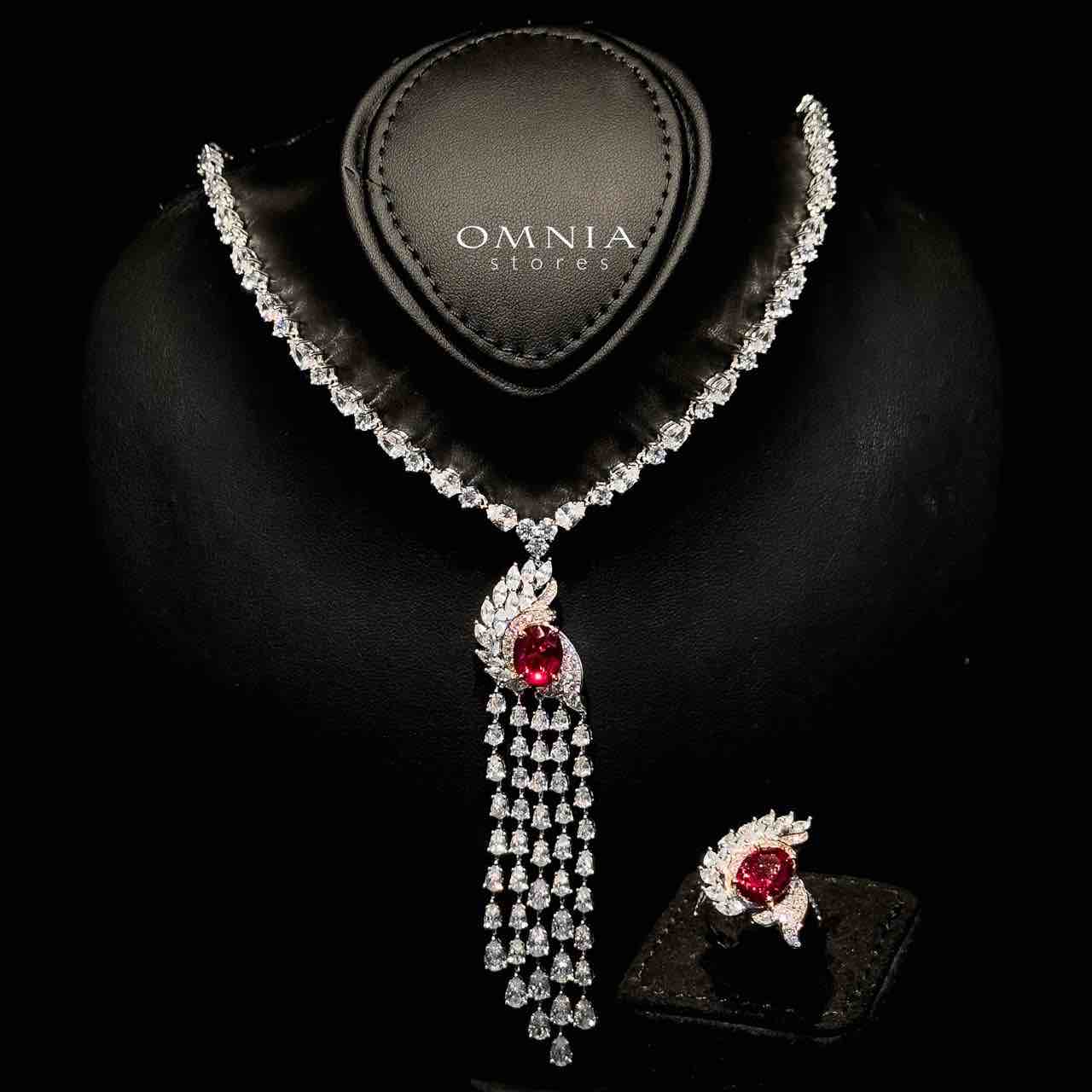 Omnia Bariza Maroon Necklace & Ring Set in 925 Silver with Oval and Marquise-Cut High-Quality Simulated Diamonds
