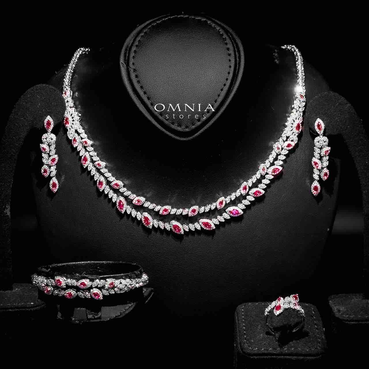 Omnia Nada Maroon Bridal Full Set in High Quality Zircon Stone Rhodium Plated - OMNIASTORES UAE