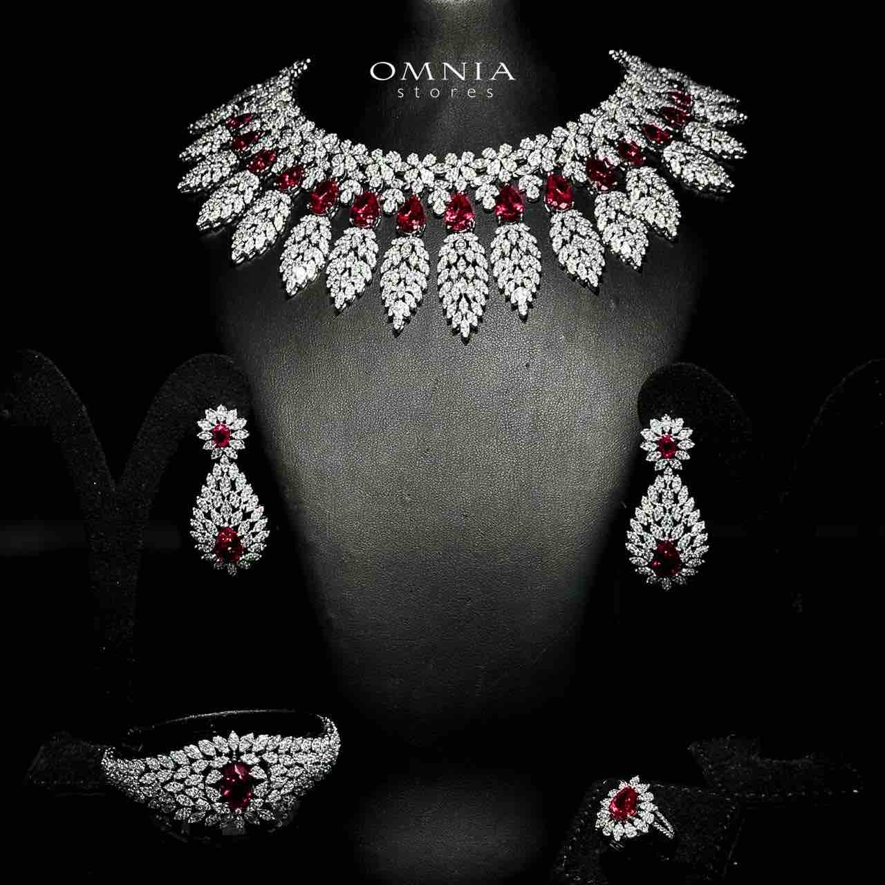 Omnia Asrar Red Bridal Full Set in High Quality Zircon Stone Rhodium Plated