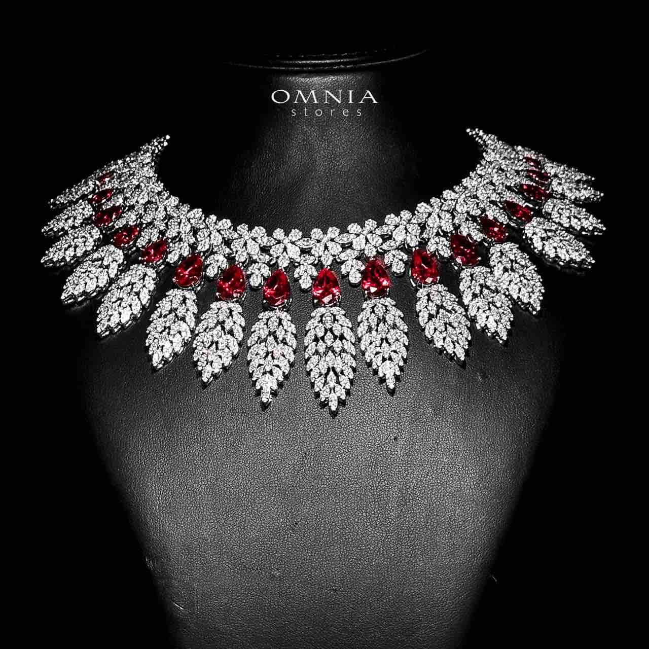 Omnia Asrar Red Bridal Full Set in High Quality Zircon Stone Rhodium Plated