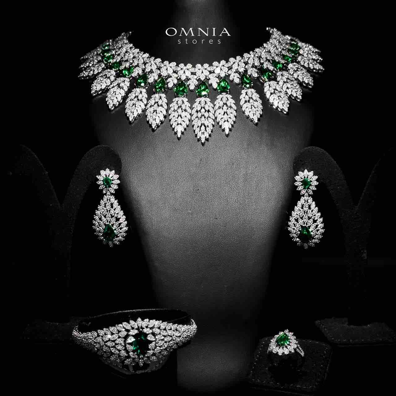 Omnia Asrar Green Bridal Full Set in High Quality Zircon Stone Rhodium Plated - OMNIASTORES UAE