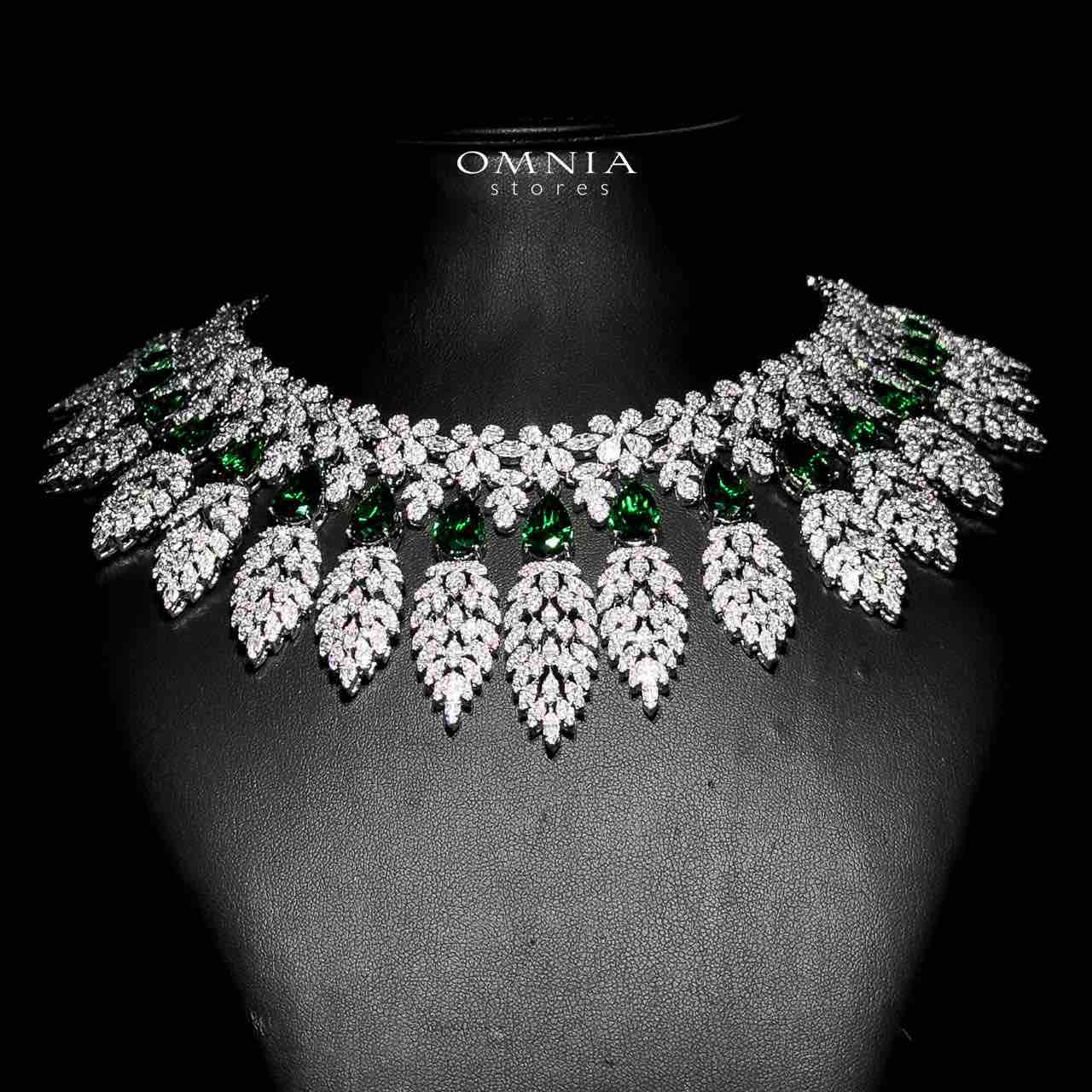 Omnia Asrar Green Bridal Full Set in High Quality Zircon Stone Rhodium Plated - OMNIASTORES UAE