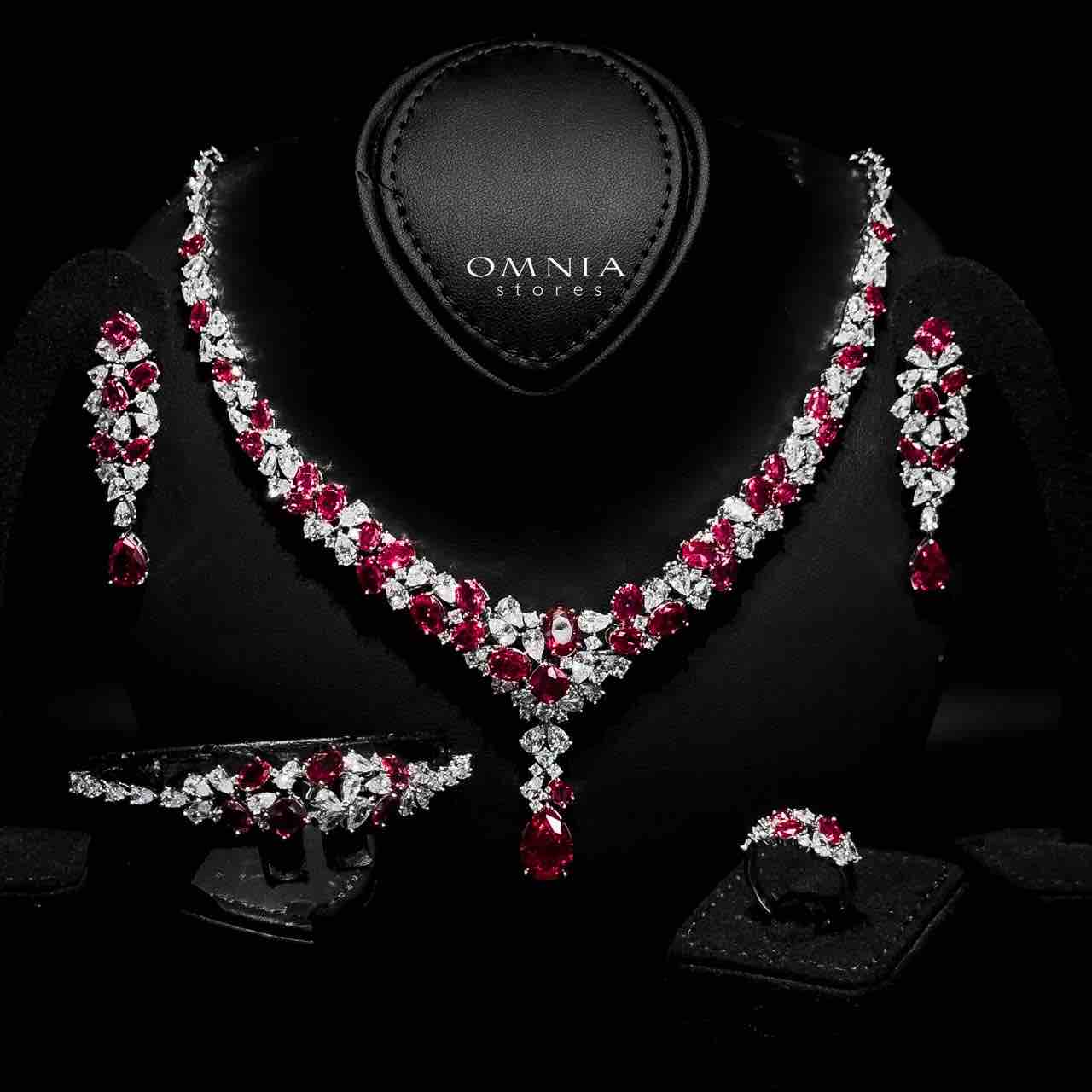 Omnia Reman Maroon Bridal Full Set in High Quality Zircon Stone in Rhodium Plated - OMNIASTORES UAE