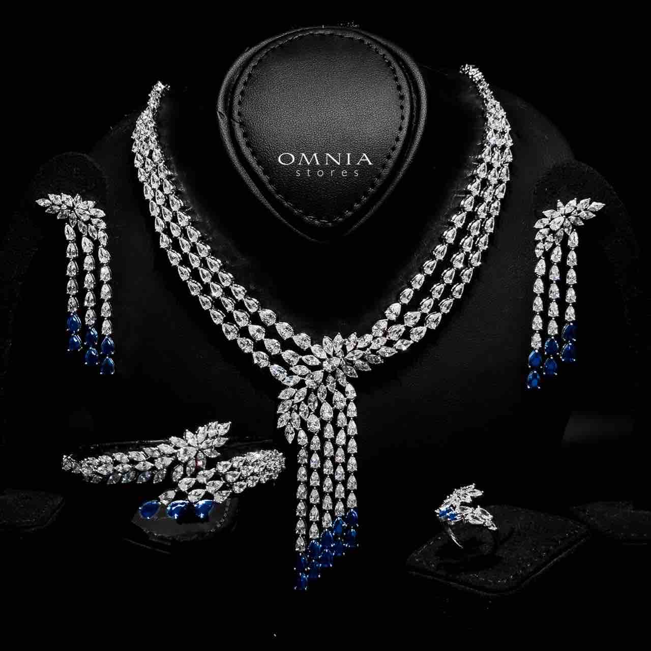 Omnia Rahaf Blue Bridal Full Set Accessories in High Quality Zircon Stone in Rhodium Plated - OMNIASTORES UAE