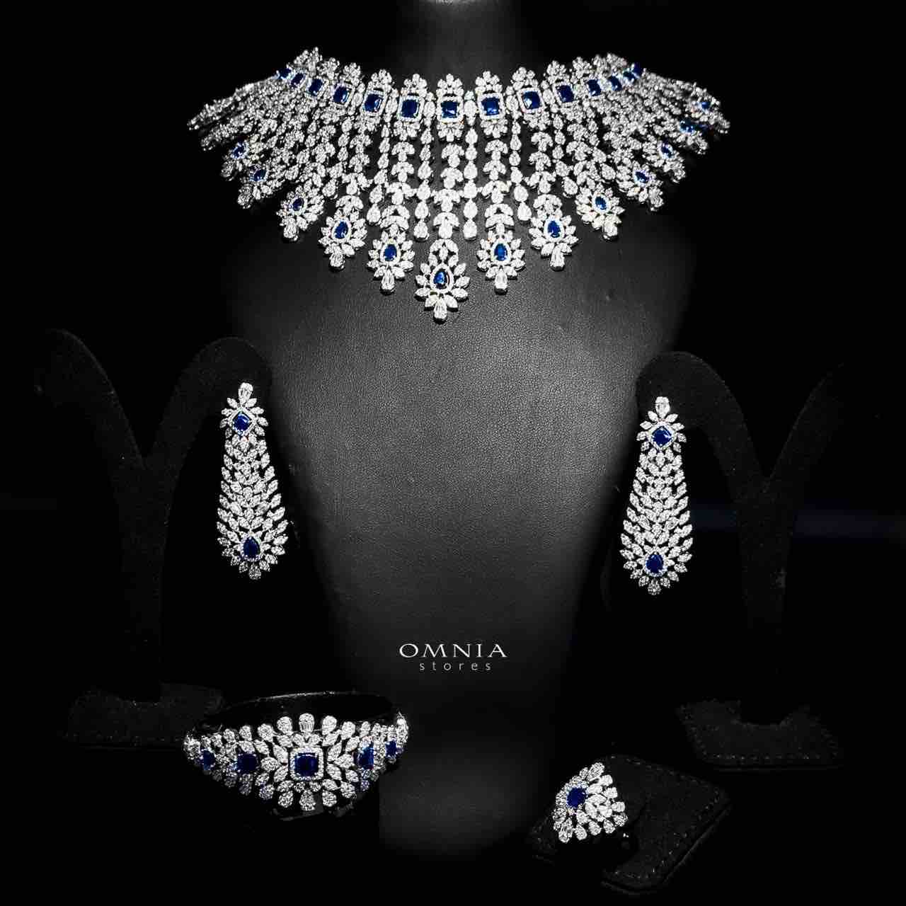 Omnia Asal Blue Bridal Full Set in High Quality Zircon Stone Rhodium Plated