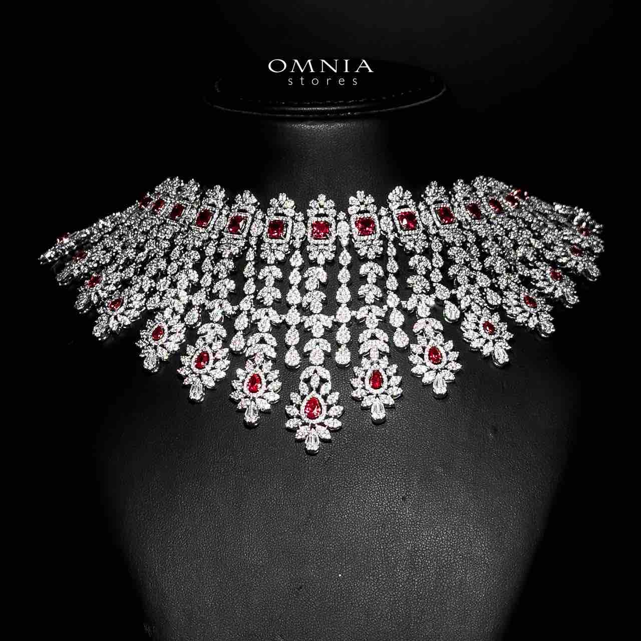 Omnia Asal Maroon Bridal Full Set in High Quality Zircon Stone Rhodium Plated - OMNIASTORES UAE